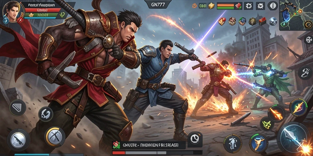 Screenshot GN777 menampilkan pertarungan yang intens dan karakter-karakter yang menarik.