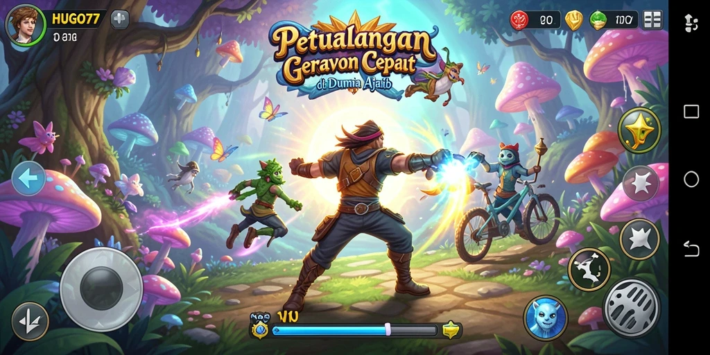 Screenshot gameplay HUGO77 menampilkan pertempuran epik dan grafis yang menawan.