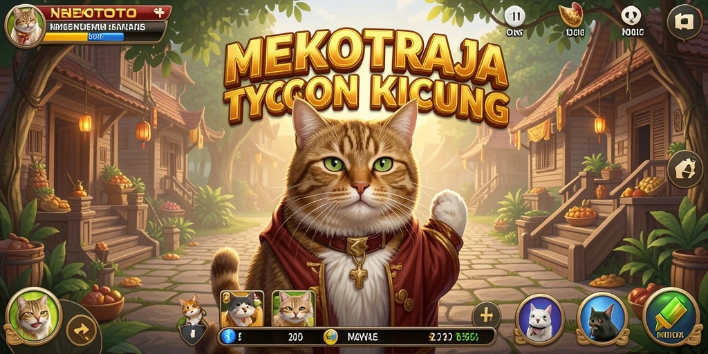 Screenshot gameplay NEKOTOTO menampilkan kucing lucu dan usaha bisnis yang mengasyikkan.
