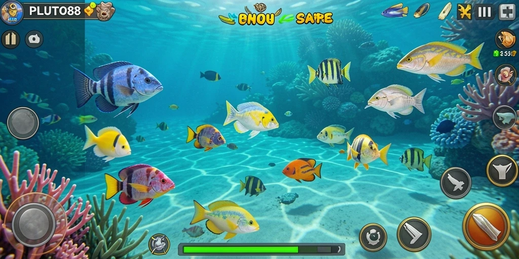 Screenshot utama PLUTO88 menampilkan gameplay menembak ikan yang seru.