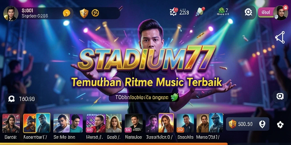 Screenshot gameplay STADIUM77 menampilkan pengguna bernyanyi dan menikmati musik.