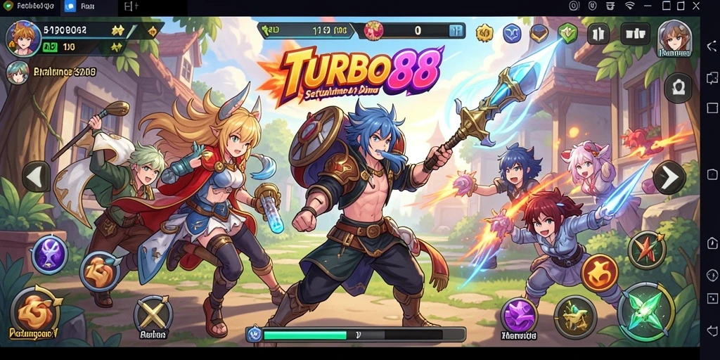 Tampilan gameplay TURBO88 dengan karakter anime yang dinamis.