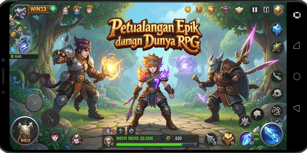 Tangkapan layar gameplay WIN33 yang menampilkan pertarungan epik dan petualangan menarik.